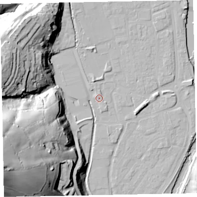 Shaded relief map of the ground around EX165GT, computed from Environment Agency LiDAR. The ground here sits at about 61 m above sea level and falls 88 m across the surrounding 800 m. Surface water reaching this point runs off ground lying to the north, 1.5 m higher.