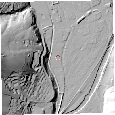 Shaded relief map of the ground around EX165GZ, computed from Environment Agency LiDAR. The ground here sits at about 60 m above sea level and falls 87 m across the surrounding 800 m. Surface water reaching this point runs off ground lying to the west, 1.0 m higher.