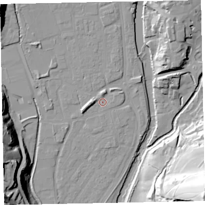 Shaded relief map of the ground around EX165HA, computed from Environment Agency LiDAR. The ground here sits at about 60 m above sea level and falls 69 m across the surrounding 800 m. Surface water reaching this point runs off ground lying to the west, 4.4 m higher.