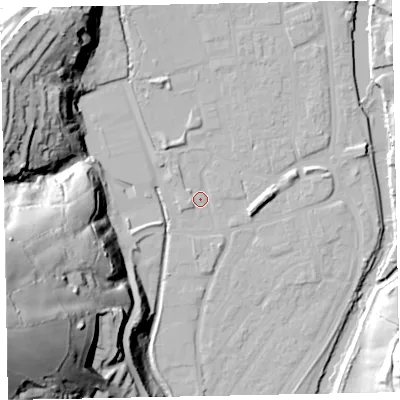 Shaded relief map of the ground around EX165HB, computed from Environment Agency LiDAR. The ground here sits at about 60 m above sea level and falls 77 m across the surrounding 800 m. Surface water reaching this point runs off ground lying to the north-north-west, 4.2 m higher.