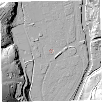 Shaded relief map of the ground around EX165HD, computed from Environment Agency LiDAR. The ground here sits at about 60 m above sea level and falls 67 m across the surrounding 800 m. Surface water reaching this point runs off ground lying to the east, 1.1 m higher.