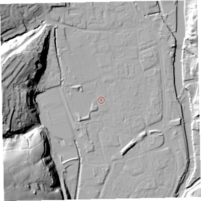 Shaded relief map of the ground around EX165HE, computed from Environment Agency LiDAR. The ground here sits at about 61 m above sea level and falls 71 m across the surrounding 800 m. Surface water reaching this point runs off ground lying to the north-west, 3.2 m higher.
