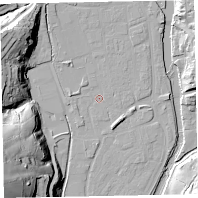 Shaded relief map of the ground around EX165HF, computed from Environment Agency LiDAR. The ground here sits at about 60 m above sea level and falls 71 m across the surrounding 800 m. Surface water reaching this point runs off ground lying to the north-north-west, 3.8 m higher.