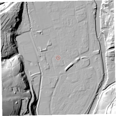 Shaded relief map of the ground around EX165HG, computed from Environment Agency LiDAR. The ground here sits at about 60 m above sea level and falls 71 m across the surrounding 800 m. Surface water reaching this point runs off ground lying to the north-east, 0.6 m higher.