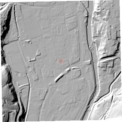 Shaded relief map of the ground around EX165HH, computed from Environment Agency LiDAR. The ground here sits at about 60 m above sea level and falls 51 m across the surrounding 800 m. Surface water reaching this point runs off ground lying to the east, 0.6 m higher.