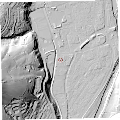 Shaded relief map of the ground around EX165HL, computed from Environment Agency LiDAR. The ground here sits at about 60 m above sea level and falls 86 m across the surrounding 800 m. Surface water reaching this point runs off ground lying to the east-north-east, 0.6 m higher.