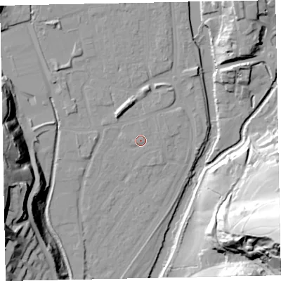 Shaded relief map of the ground around EX165HN, computed from Environment Agency LiDAR. The ground here sits at about 60 m above sea level and falls 66 m across the surrounding 800 m. Surface water reaching this point runs off ground lying to the north-east, 0.9 m higher.