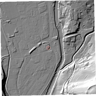 Shaded relief map of the ground around EX165HP, computed from Environment Agency LiDAR. The ground here sits at about 61 m above sea level and falls 79 m across the surrounding 800 m. Surface water reaching this point runs off ground lying to the west, 4.7 m higher.