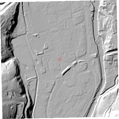 Shaded relief map of the ground around EX165HQ, computed from Environment Agency LiDAR. The ground here sits at about 60 m above sea level and falls 65 m across the surrounding 800 m. Surface water reaching this point runs off ground lying to the north-north-east, 1.2 m higher.