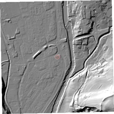 Shaded relief map of the ground around EX165HS, computed from Environment Agency LiDAR. The ground here sits at about 60 m above sea level and falls 81 m across the surrounding 800 m. Surface water reaching this point runs off ground lying to the north-north-west, 1.4 m higher.