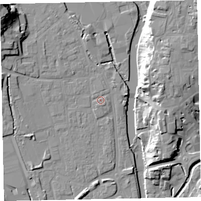 Shaded relief map of the ground around EX165HT, computed from Environment Agency LiDAR. The ground here sits at about 62 m above sea level and falls 27 m across the surrounding 800 m. Surface water reaching this point runs off ground lying to the north-west, 9.1 m higher.