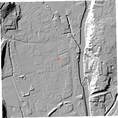 Shaded relief map of the ground around EX165HU, computed from Environment Agency LiDAR. The ground here sits at about 61 m above sea level and falls 30 m across the surrounding 800 m. Surface water reaching this point runs off ground lying to the north-west, 24.2 m higher.