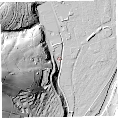 Shaded relief map of the ground around EX165HW, computed from Environment Agency LiDAR. The ground here sits at about 60 m above sea level and falls 98 m across the surrounding 800 m. Surface water reaching this point runs off ground lying to the west-south-west, 94.7 m higher.