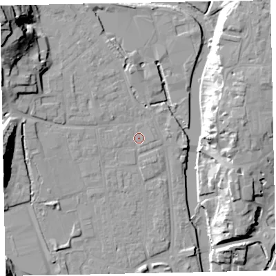 Shaded relief map of the ground around EX165HX, computed from Environment Agency LiDAR. The ground here sits at about 61 m above sea level and falls 33 m across the surrounding 800 m. Surface water reaching this point runs off ground lying to the north-west, 27.7 m higher.