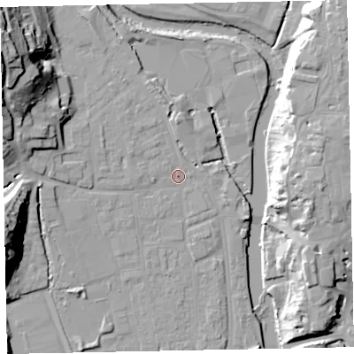 Shaded relief map of the ground around EX165HY, computed from Environment Agency LiDAR. The ground here sits at about 62 m above sea level and falls 36 m across the surrounding 800 m. Surface water reaching this point runs off ground lying to the north-west, 28.6 m higher.