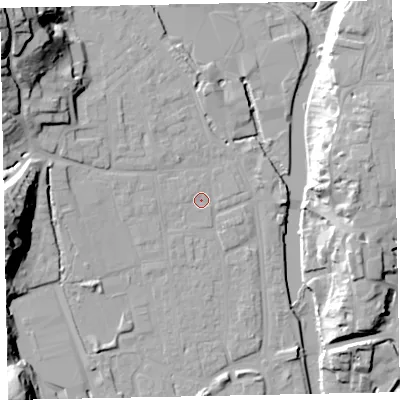 Shaded relief map of the ground around EX165HZ, computed from Environment Agency LiDAR. The ground here sits at about 61 m above sea level and falls 38 m across the surrounding 800 m. Surface water reaching this point runs off ground lying to the west-north-west, 0.7 m higher.