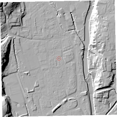 Shaded relief map of the ground around EX165JA, computed from Environment Agency LiDAR. The ground here sits at about 61 m above sea level and falls 35 m across the surrounding 800 m. Surface water reaching this point runs off ground lying to the north-west, 29.5 m higher.