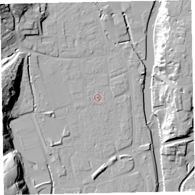 Shaded relief map of the ground around EX165JB, computed from Environment Agency LiDAR. The ground here sits at about 62 m above sea level and falls 39 m across the surrounding 800 m. Surface water reaching this point runs off ground lying to the west-north-west, 0.9 m higher.
