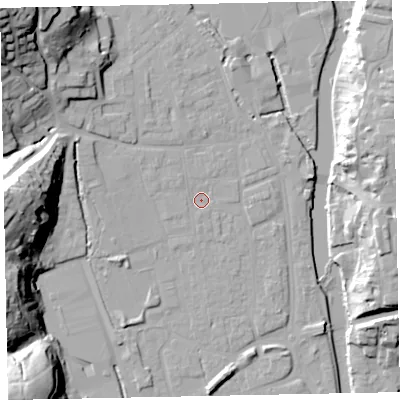 Shaded relief map of the ground around EX165JD, computed from Environment Agency LiDAR. The ground here sits at about 61 m above sea level and falls 41 m across the surrounding 800 m. Surface water reaching this point runs off ground lying to the north-west, 36.1 m higher.