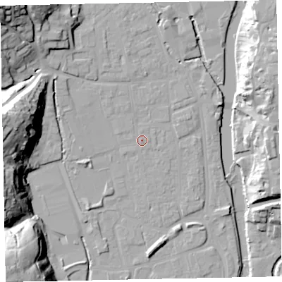 Shaded relief map of the ground around EX165JE, computed from Environment Agency LiDAR. The ground here sits at about 62 m above sea level and falls 44 m across the surrounding 800 m. Surface water reaching this point runs off ground lying to the north-north-west, 0.6 m higher.