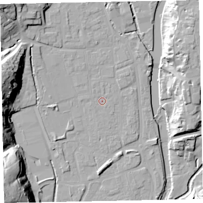 Shaded relief map of the ground around EX165JF, computed from Environment Agency LiDAR. The ground here sits at about 61 m above sea level and falls 42 m across the surrounding 800 m. Surface water reaching this point runs off ground lying to the north-north-west, 0.9 m higher.