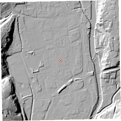 Shaded relief map of the ground around EX165JG, computed from Environment Agency LiDAR. The ground here sits at about 61 m above sea level and falls 50 m across the surrounding 800 m. Surface water reaching this point runs off ground lying to the north-north-west, 1.0 m higher.