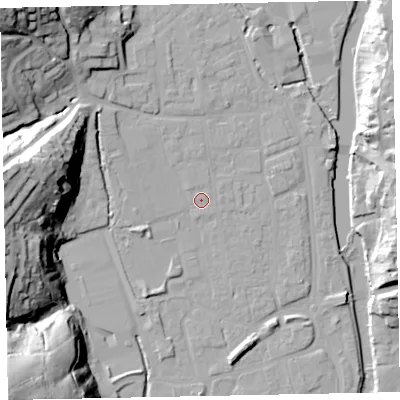 Shaded relief map of the ground around EX165JH, computed from Environment Agency LiDAR. The ground here sits at about 62 m above sea level and falls 50 m across the surrounding 800 m. Surface water reaching this point runs off ground lying to the north-north-west, 1.7 m higher.