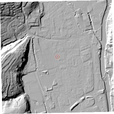 Shaded relief map of the ground around EX165JJ, computed from Environment Agency LiDAR. The ground here sits at about 62 m above sea level and falls 48 m across the surrounding 800 m. Surface water reaching this point runs off ground lying to the north-north-west, 1.4 m higher.