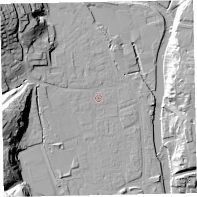 Shaded relief map of the ground around EX165JL, computed from Environment Agency LiDAR. The ground here sits at about 62 m above sea level and falls 43 m across the surrounding 800 m. The ground contributing surface water to this point lies to the north-west.