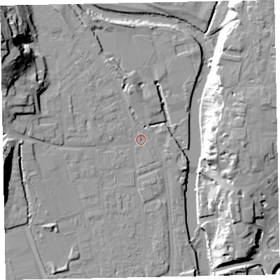 Shaded relief map of the ground around EX165JN, computed from Environment Agency LiDAR. The ground here sits at about 61 m above sea level and falls 32 m across the surrounding 800 m. Surface water reaching this point runs off ground lying to the north-west, 27.5 m higher.