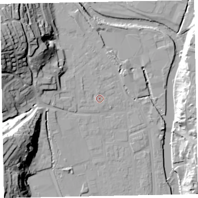 Shaded relief map of the ground around EX165JP, computed from Environment Agency LiDAR. The ground here sits at about 63 m above sea level and falls 45 m across the surrounding 800 m. Surface water reaching this point runs off ground lying to the north-west, 1.8 m higher.
