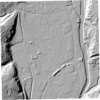 Shaded relief map of the ground around EX165JQ, computed from Environment Agency LiDAR. The ground here sits at about 61 m above sea level and falls 61 m across the surrounding 800 m. Surface water reaching this point runs off ground lying to the north-north-east, 0.7 m higher.