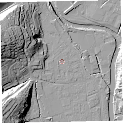 Shaded relief map of the ground around EX165JS, computed from Environment Agency LiDAR. The ground here sits at about 63 m above sea level and falls 47 m across the surrounding 800 m. The ground contributing surface water to this point lies to the west-south-west.