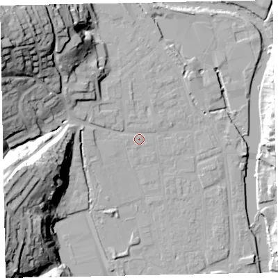 Shaded relief map of the ground around EX165JU, computed from Environment Agency LiDAR. The ground here sits at about 62 m above sea level and falls 49 m across the surrounding 800 m. Surface water reaching this point runs off ground lying to the north-west, 43.4 m higher.