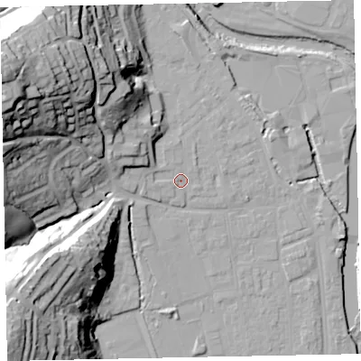 Shaded relief map of the ground around EX165JZ, computed from Environment Agency LiDAR. The ground here sits at about 63 m above sea level and falls 55 m across the surrounding 800 m. Surface water reaching this point runs off ground lying to the north-west, 23.2 m higher.