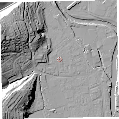 Shaded relief map of the ground around EX165LA, computed from Environment Agency LiDAR. The ground here sits at about 63 m above sea level and falls 53 m across the surrounding 800 m. Surface water reaching this point runs off ground lying to the west-south-west, 1.0 m higher.