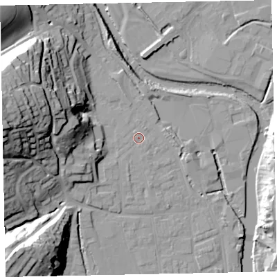 Shaded relief map of the ground around EX165LD, computed from Environment Agency LiDAR. The ground here sits at about 63 m above sea level and falls 46 m across the surrounding 800 m. Surface water reaching this point runs off ground lying to the west-south-west, 7.6 m higher.