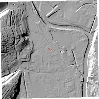 Shaded relief map of the ground around EX165LE, computed from Environment Agency LiDAR. The ground here sits at about 63 m above sea level and falls 44 m across the surrounding 800 m. Surface water reaching this point runs off ground lying to the south-south-west, 0.8 m higher.