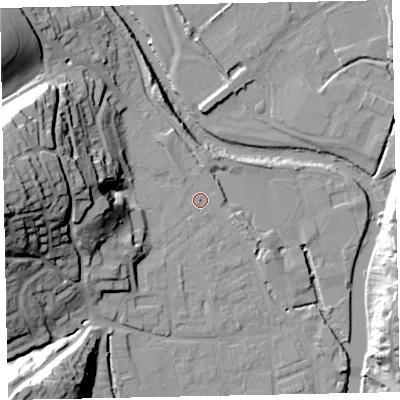 Shaded relief map of the ground around EX165LF, computed from Environment Agency LiDAR. The ground here sits at about 63 m above sea level and falls 45 m across the surrounding 800 m. Surface water reaching this point runs off ground lying to the west, 40.0 m higher.