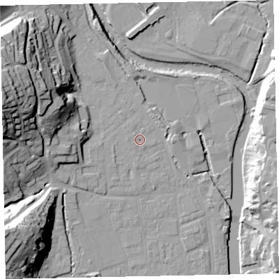 Shaded relief map of the ground around EX165LG, computed from Environment Agency LiDAR. The ground here sits at about 63 m above sea level and falls 44 m across the surrounding 800 m. Surface water reaching this point runs off ground lying to the north-west, 0.8 m higher.