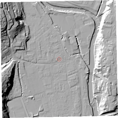 Shaded relief map of the ground around EX165LH, computed from Environment Agency LiDAR. The ground here sits at about 62 m above sea level and falls 40 m across the surrounding 800 m. Surface water reaching this point runs off ground lying to the north-north-east, 0.7 m higher.