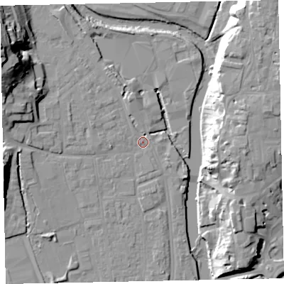 Shaded relief map of the ground around EX165LJ, computed from Environment Agency LiDAR. The ground here sits at about 62 m above sea level and falls 31 m across the surrounding 800 m. Surface water reaching this point runs off ground lying to the north-west, 27.0 m higher.