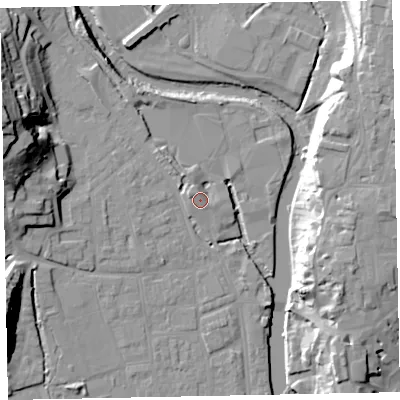 Shaded relief map of the ground around EX165LL, computed from Environment Agency LiDAR. The ground here sits at about 64 m above sea level and falls 31 m across the surrounding 800 m. Surface water reaching this point runs off ground lying to the north-west, 3.2 m higher.