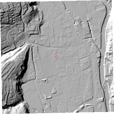 Shaded relief map of the ground around EX165LN, computed from Environment Agency LiDAR. The ground here sits at about 62 m above sea level and falls 48 m across the surrounding 800 m. Surface water reaching this point runs off ground lying to the north-west, 0.7 m higher.