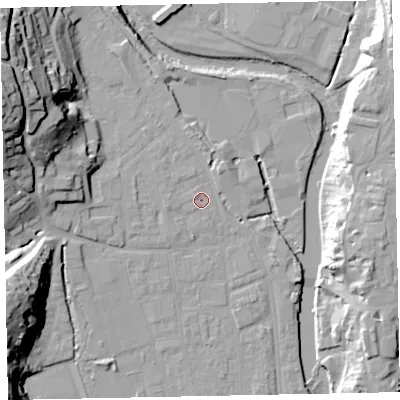Shaded relief map of the ground around EX165LQ, computed from Environment Agency LiDAR. The ground here sits at about 62 m above sea level and falls 39 m across the surrounding 800 m. Surface water reaching this point runs off ground lying to the west, 1.5 m higher.