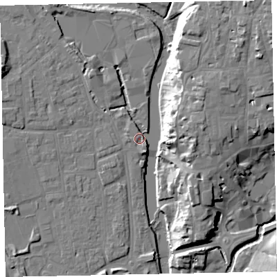 Shaded relief map of the ground around EX165LU, computed from Environment Agency LiDAR. The ground here sits at about 61 m above sea level and falls 23 m across the surrounding 800 m. Surface water reaching this point runs off ground lying to the north-west, 5.4 m higher.