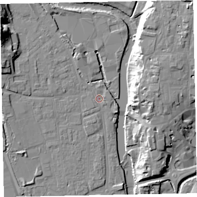Shaded relief map of the ground around EX165LX, computed from Environment Agency LiDAR. The ground here sits at about 61 m above sea level and falls 24 m across the surrounding 800 m. Surface water reaching this point runs off ground lying to the east-south-east, 1.5 m higher.