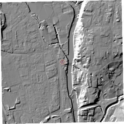 Shaded relief map of the ground around EX165LY, computed from Environment Agency LiDAR. The ground here sits at about 62 m above sea level and falls 22 m across the surrounding 800 m. Surface water reaching this point runs off ground lying to the east, 1.2 m higher.