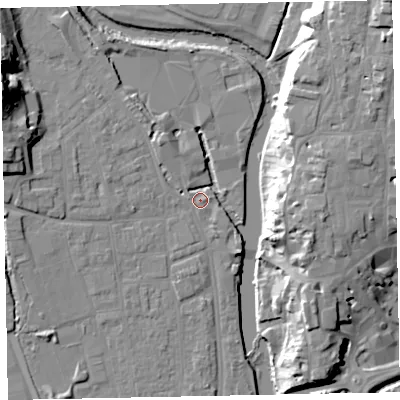Shaded relief map of the ground around EX165LZ, computed from Environment Agency LiDAR. The ground here sits at about 61 m above sea level and falls 24 m across the surrounding 800 m. Surface water reaching this point runs off ground lying to the north-north-west, 4.6 m higher.