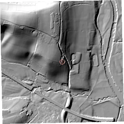 Shaded relief map of the ground around EX165NA, computed from Environment Agency LiDAR. The ground here sits at about 94 m above sea level and falls 60 m across the surrounding 800 m. Surface water reaching this point runs off ground lying to the north-west, 14.3 m higher.